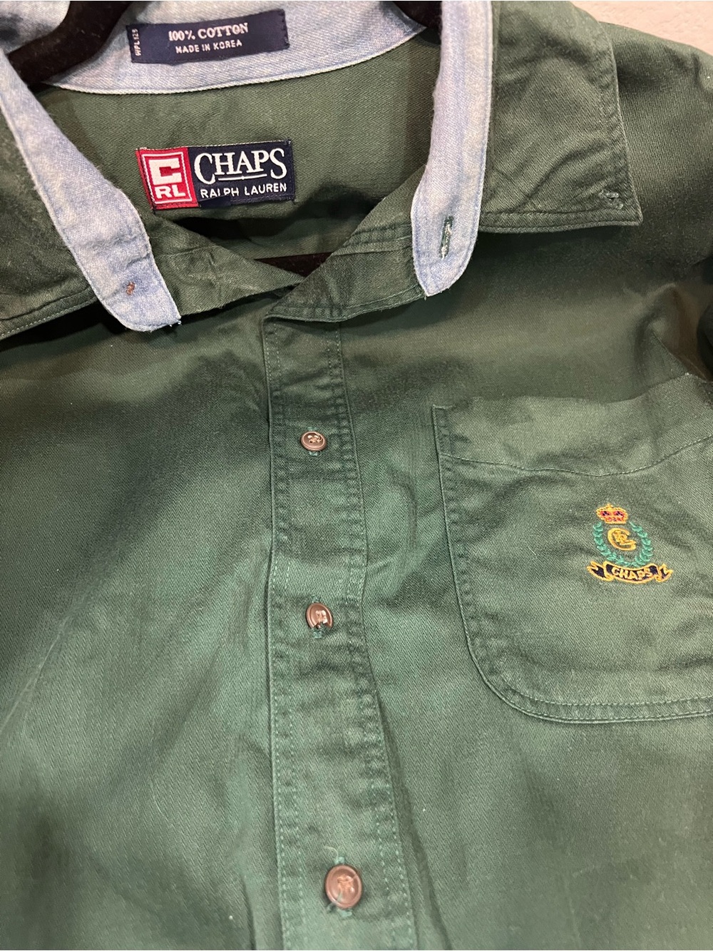 Ralph Lauren Chaps Kids Green Button Down Shirt with Contrast Collar